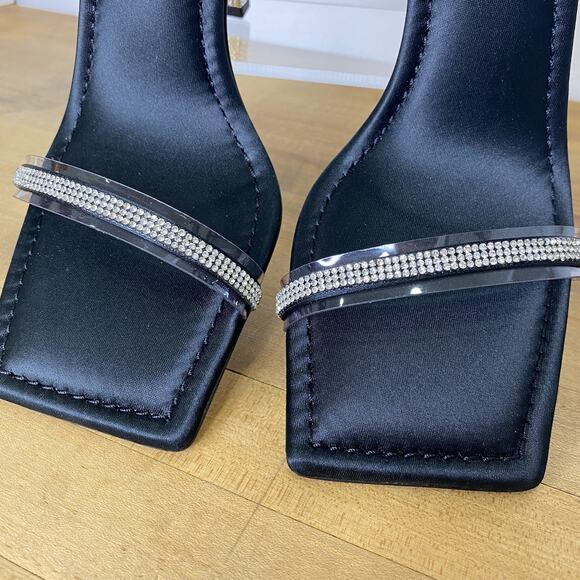 Good American Satin Rhinestone Heels Womens 7.5 Black Gold Square Toe Holidays - Picture 2 of 12